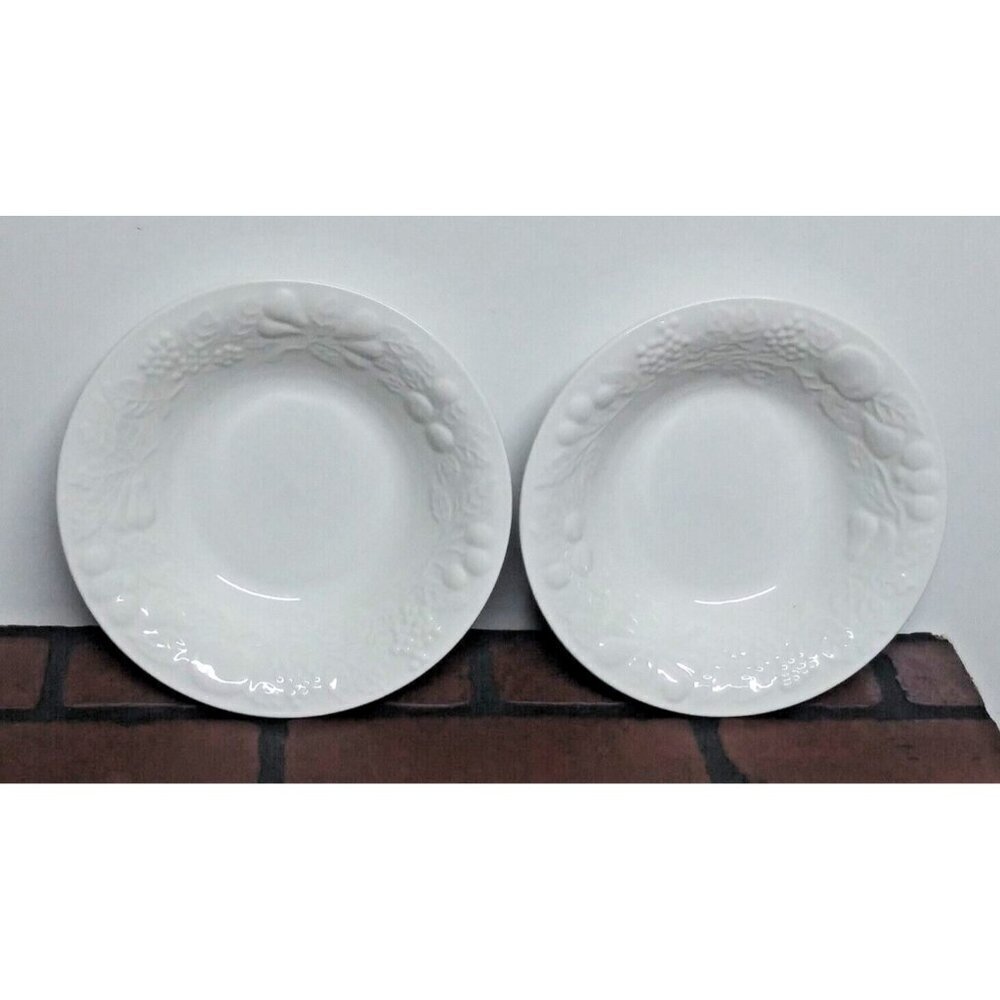 2 GIBSON Housewares pasta bowls Embossed FRUIT 8" white ivory round Orchard VTG